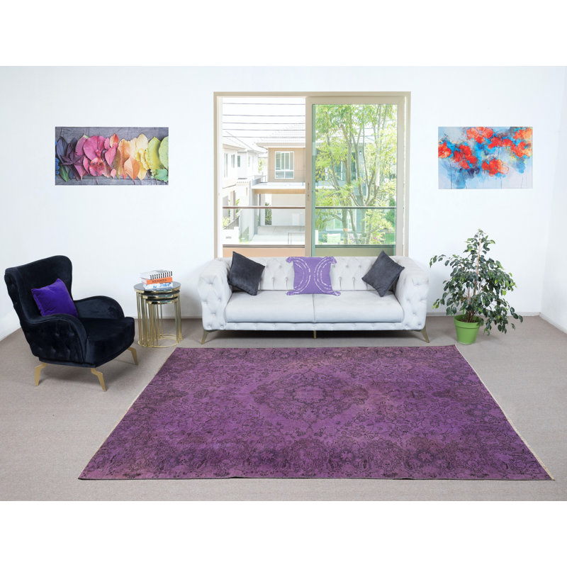 Tapis turc moderne fait à la main de couleur mauve 7 x 9,4 pi