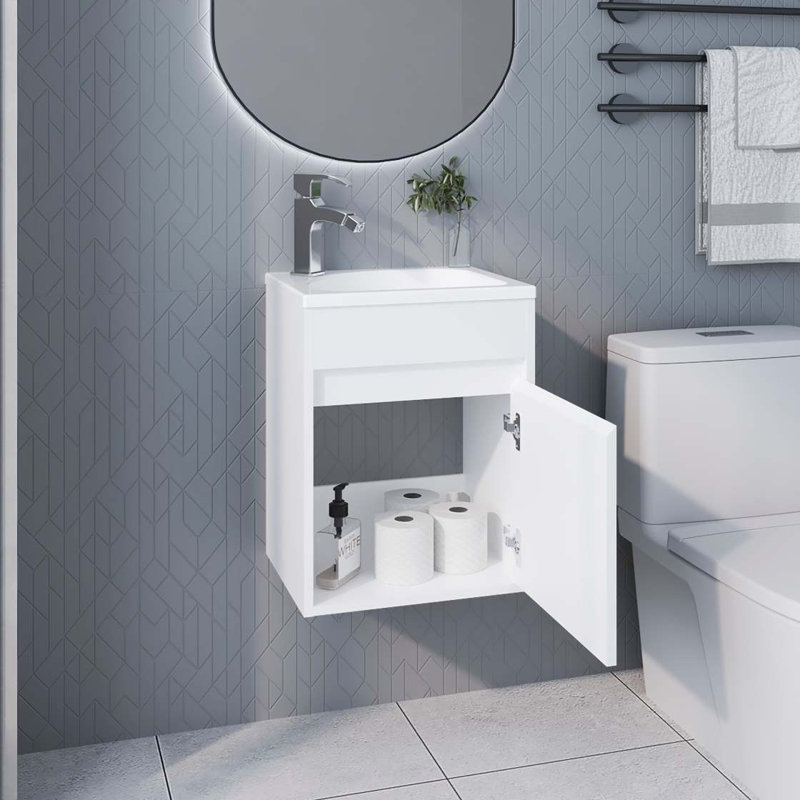 Meuble-lavabo flottant blanc avec lavabo et 1 porte, Blanc
