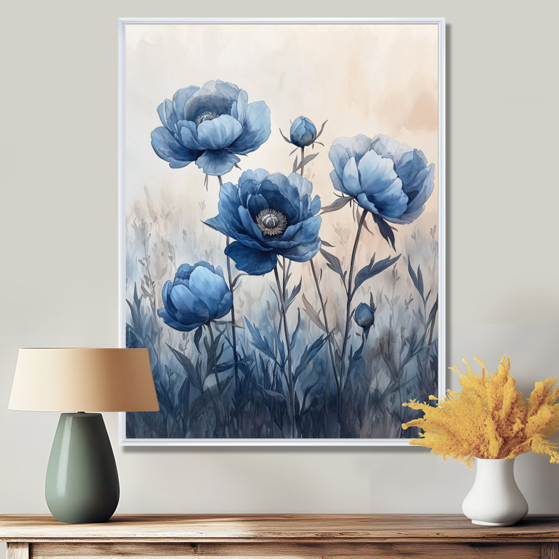 «Dusky Blue Pe pivons In The Pasture I», art mural encadré de pivoines, H 44 po x l 34 po, Blanc