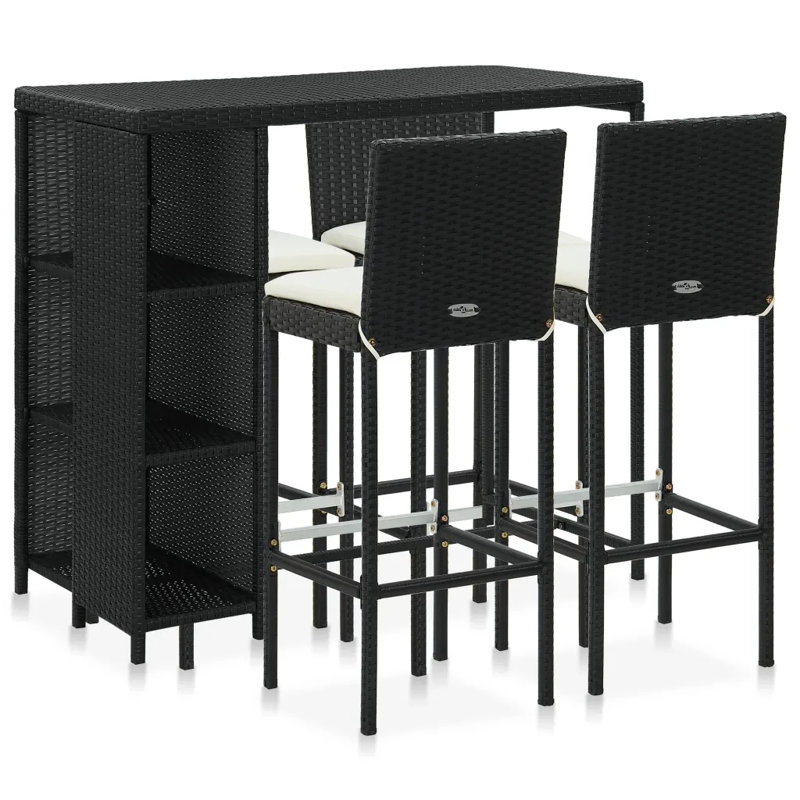 Garden Bar Set 5 Piece with Cushions Poly Rattan Table&Chair, Black