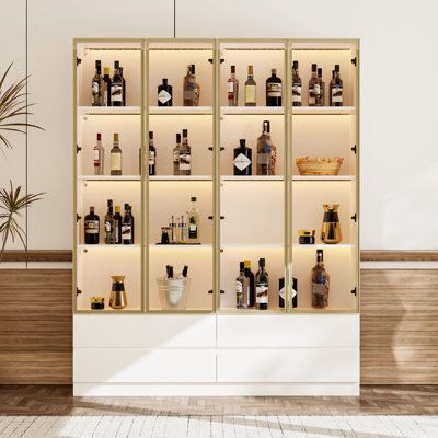 Modern Glass Door Wine Cabinet With LED Lighting & 4 Drawers
