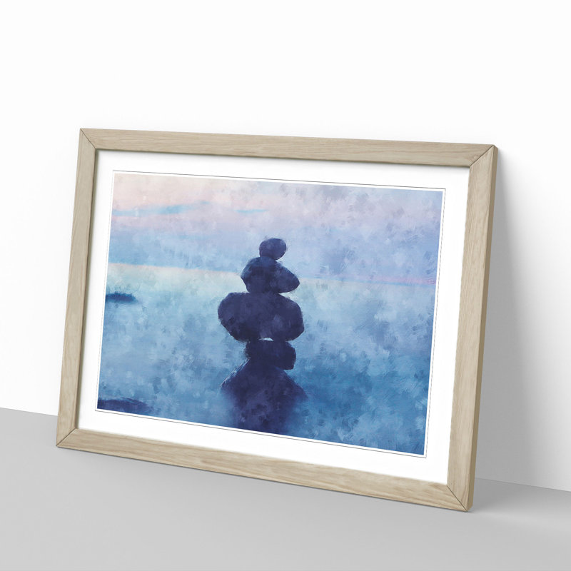 Balancing Zen Stones Upon A Lake - Single Picture Frame Painting on MDF, Oak, 62cm H x 87cm W x 2cm D