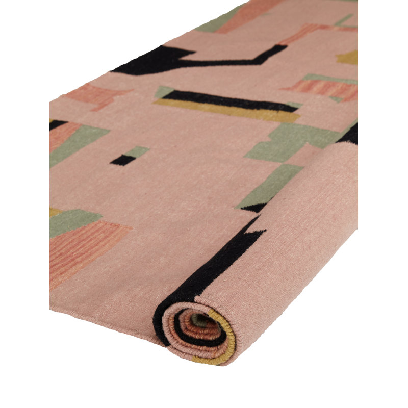 Abstract Flatweave Rectangle 8' x 10' Wool Area Rug in Black/Pink