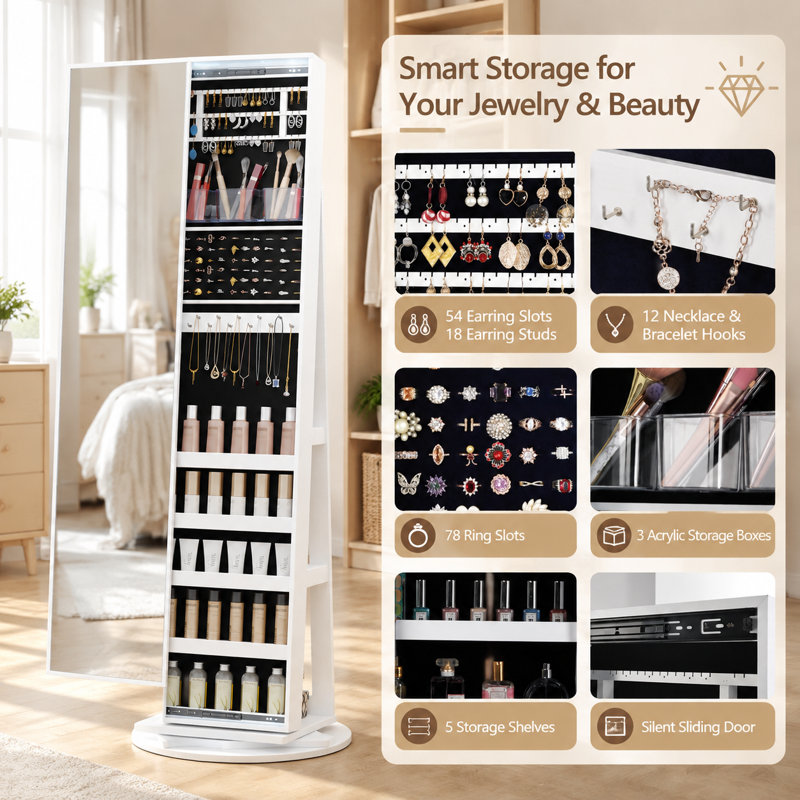 Standing Jewelry Cabinet with Sliding Full Length Mirror, White