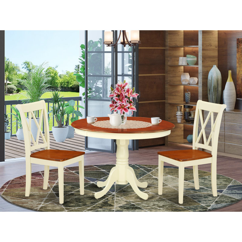 3 Piece Kitchen Table & Chairs Set Contains a Round Dining Table with Pedestal and 2 Dining Room Chairs, Buttermilk & Cherry