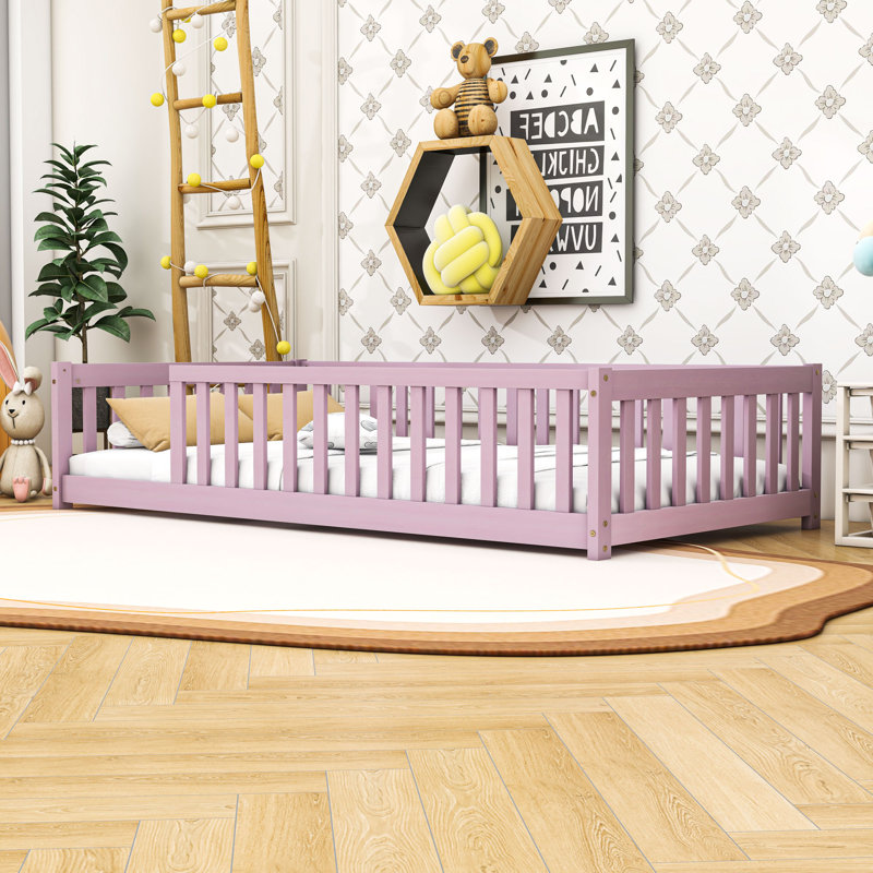 Lit simple en bois avec clôture de sécurité, Pink