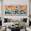 Abstrait, couleurs vives et abstraites «Œuvre abstraite et audacieuse bleu orange contemporain, images bohème de style Mid-Century moderne, impression numérique sur toile 3 pièces  -100707258-100707259