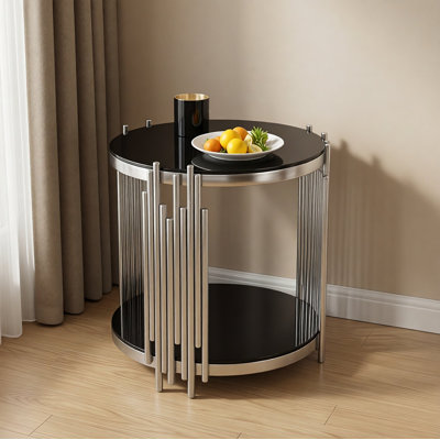 19.7" Round 2-Tier Glass End Table – Modern Luxury Side Table with Stainless Steel Frame & Clear Tempered Glass, Silver Finish, for Living Room/Home Office