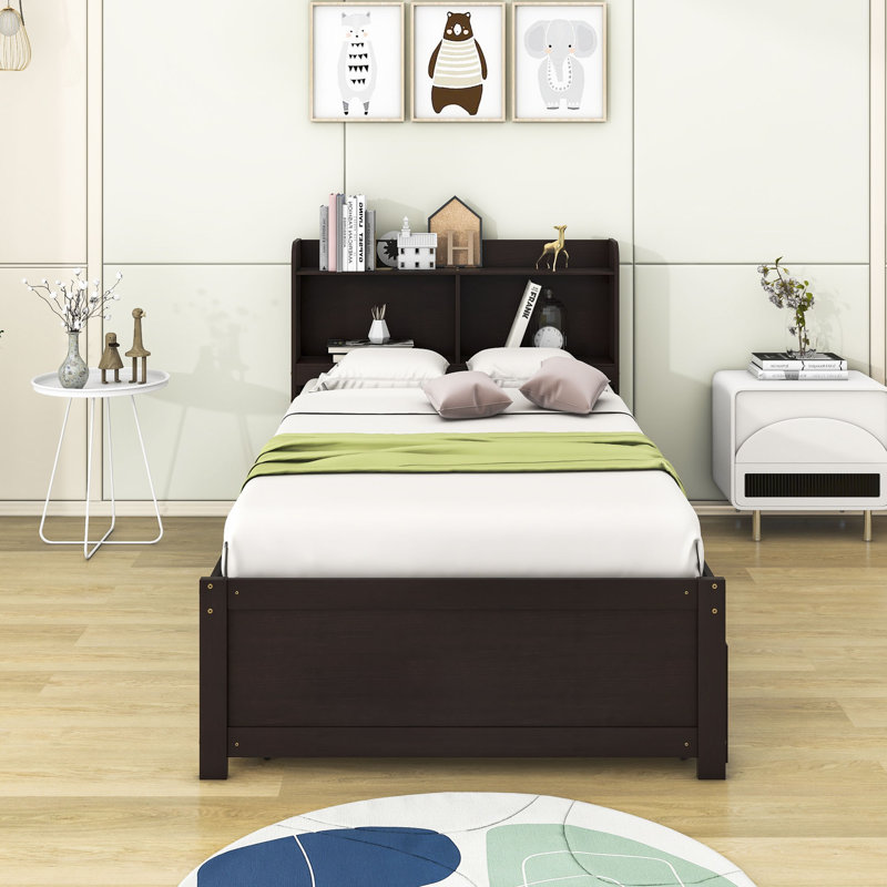 Wooden Platform Bed with Trundle and Shelves, Twin, Espresso