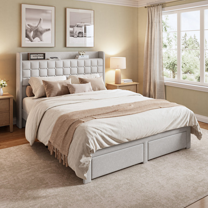Structure de lit tapissier en lin avec 2 tiroirs de pied de lit et plateforme de rangement, Beige, Double