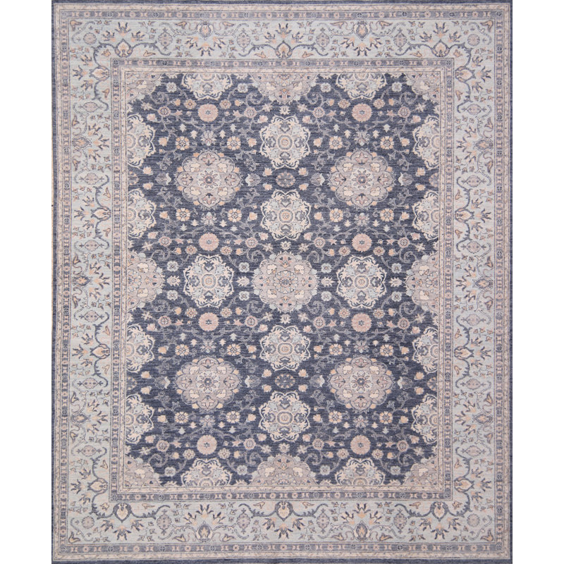 Tapis gris foncé et bleu clair noué à la main de haute qualité