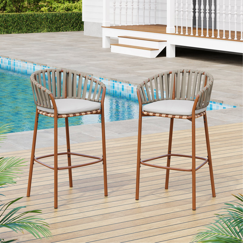 Ensemble de 2 tabourets de bar d'extérieur en corde de teck avec structure au fini teck et coussin beige