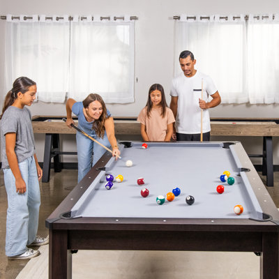 GoSports 8 ft 3 in 1 Pool, Dining, & Table Tennis Combo Table and Storage Benches - Convertible Billiards with Game Accessories - Dark Oak