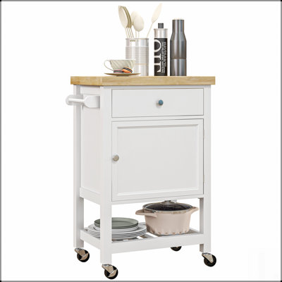 Chariot de cuisine utilitaire, îlot roulant avec plateau en bois d'hévéa lisse, surface de bloc de boucher étroite et options de rangement spacieuses