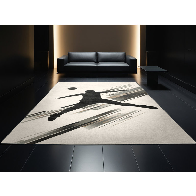 Machine Washable Aguilar Handball Action Modern & Contemporary Rug in Beige – Black Binding, 2x3