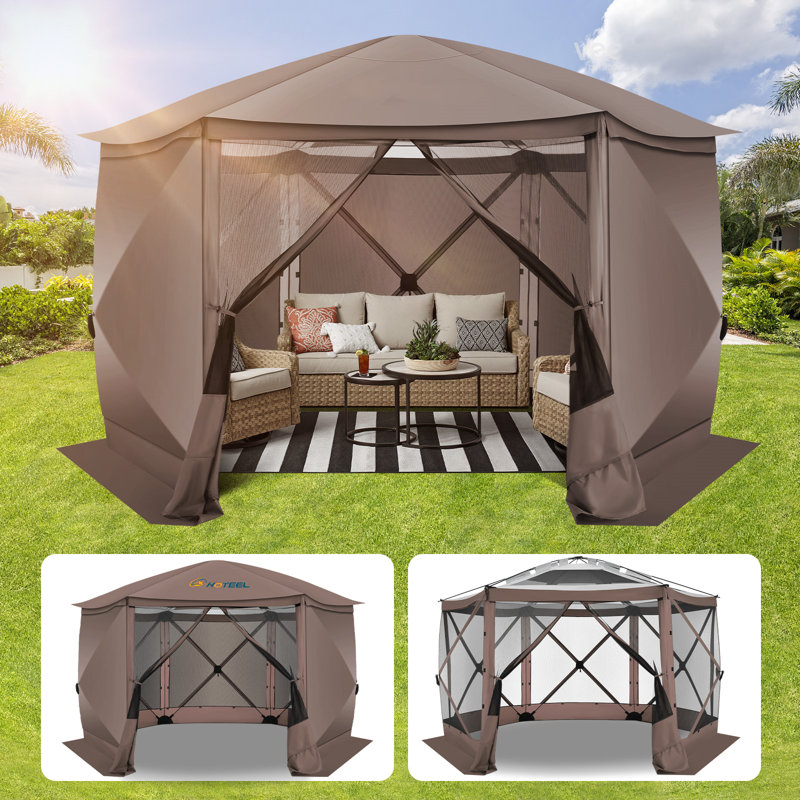 Starry Sky Top, 12x12 Camping Outdoor Gazebo with Mesh Windows&Sidewalls, Brown