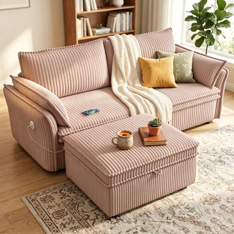 Canapé-lit de 85 pouces, convertible 3 en 1 avec lit gigogne, port de chargement USB, canapé deux places pour salon et chambre d'amis, rose