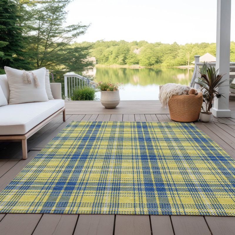 Yellow and Blue Plaid Washable Synthetic Rug, 3' x 5'