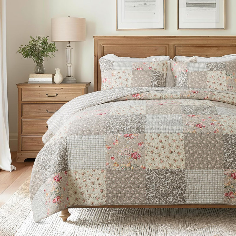 Ensemble de courtepointe en coton à motif patchwork Walk In The Cotswolds, Courtepointe très grand + 2 taies d'oreiller