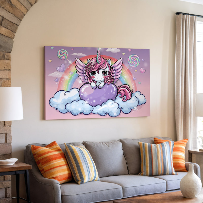 Toile, scène fantaisiste mettant en vedette une licorne mignonne avec une art mural fluide, crinière rose ornée de roses perchées sur un grand art mural
