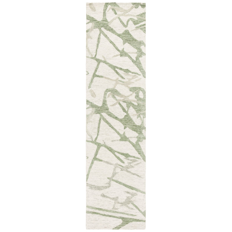 Khloie Ebony Hand Tufted Wool/Cotton Abstract Rug in Ivory/Light Green, Runner 2'3" x 9'