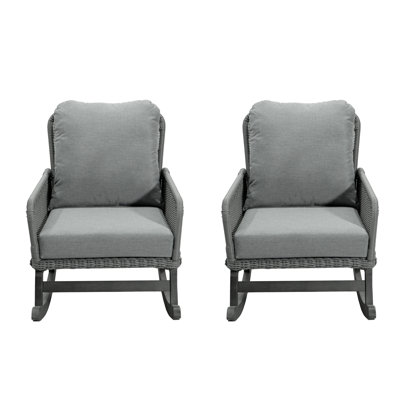 Chaise berçante spacieuse grise avec coussins en tissu imperméable et base en bois massif pour cadre intérieur en bois contemporain et extérieur