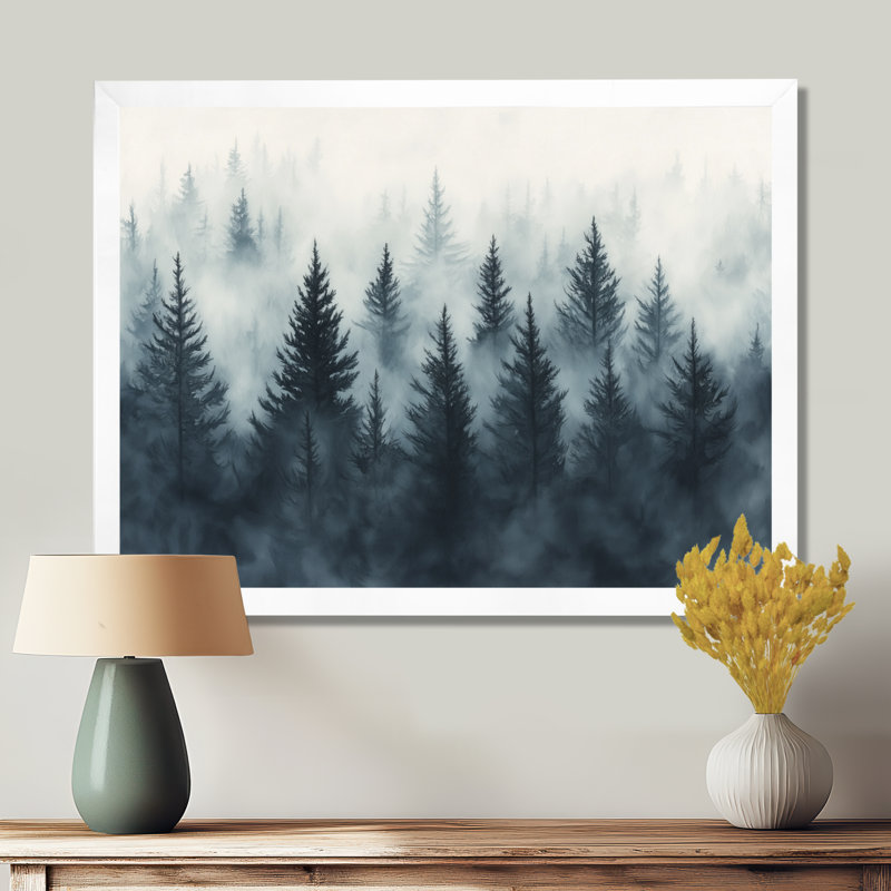 Forêt de pins brumeuse vert beige II - Tableau encadré, H 34 po x l 44 po, White Picture Framed