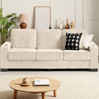 Canapé en velours côtelé 83,86 po, canapé 3 places compressé moderne avec porte-gobelets, meubles de salon, de chambre à coucher ou de bureau, éponge à haute densité et support à ressorts
