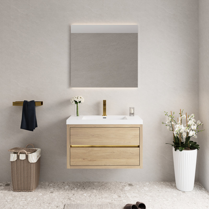 Meuble-lavabo flottant 36 po avec lavabo en résine de pierre, tiroirs à fermeture en douceur, matériau en chêne naturel, pré-construit pour un rangement facile d'accès, comptoir, entièrement assemblé, de longue durée et sécuritaire