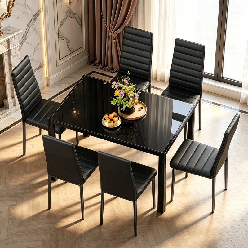 7 - Piece Glass Top Dining Set, Black, black