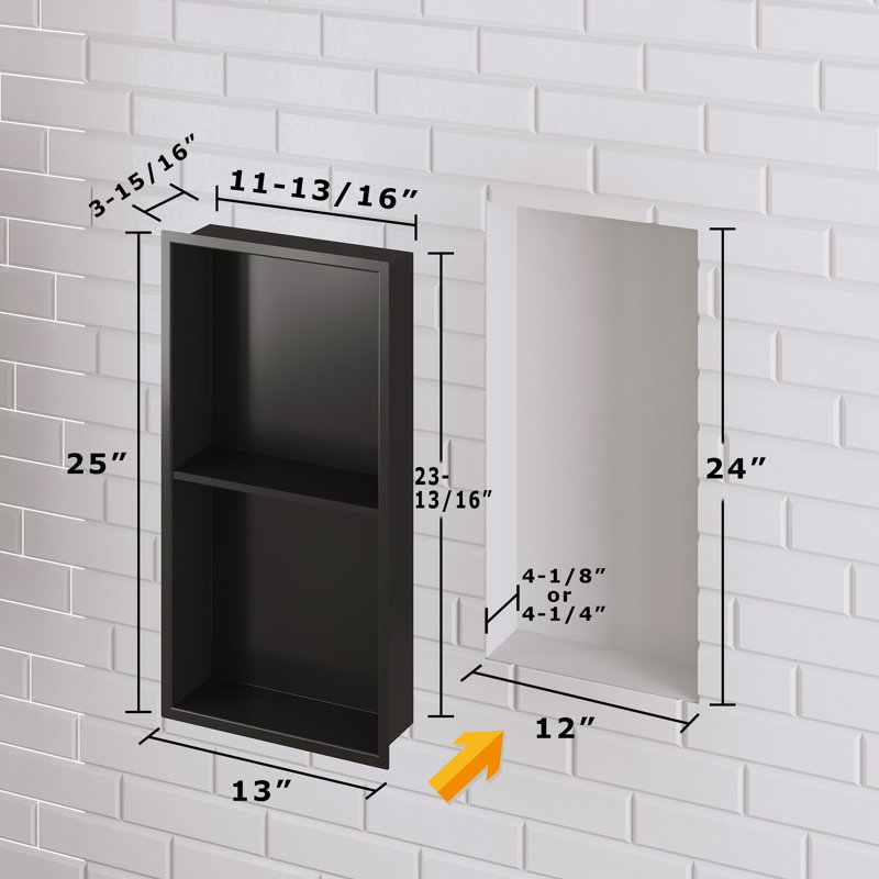 Niche de douche encastrée double couche, 63,5 cm (H) x 33 cm (L) x 10 cm (P), sans tuiles, noir mat, Noir mat