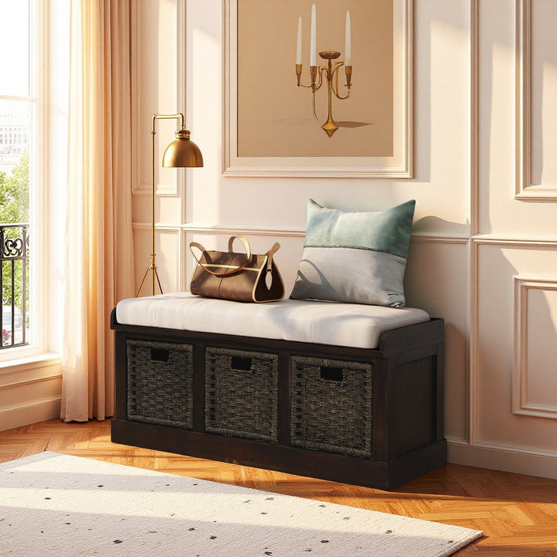 Banc de rangement rembourré avec 3 paniers en rotin, Espresso