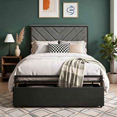 V-Pattern Upholstered Bed Frame, with Charging Station