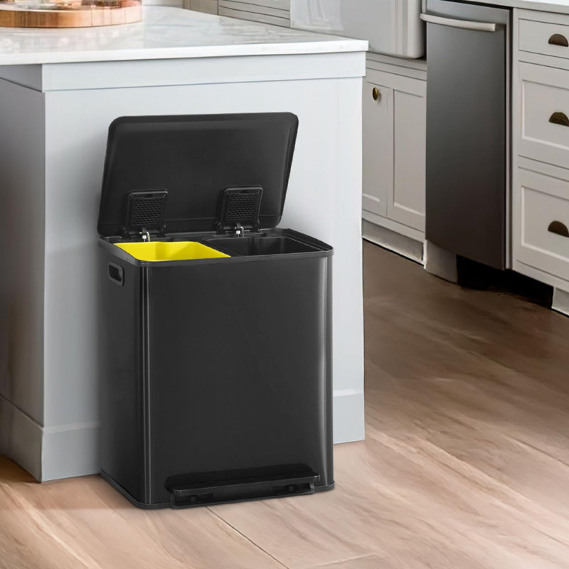Poubelle double 2 x 6,6 gallons avec couvercle simple CAPHAUS, 2 compartiments, noir / argent, Noir, 13,2 gallons