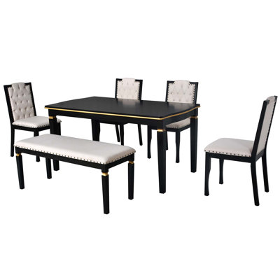 Ensemble de table de salle à manger de cuisine, table rectangulaire, chaises et bancs capitonnés à haut dossier