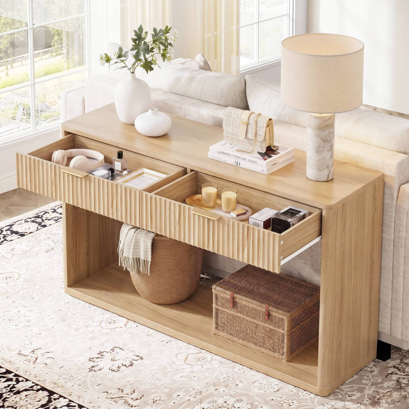 Console cannelée moderne 47 po avec 2 tiroirs pour le salon, le couloir et le vestibule, finition chêne
