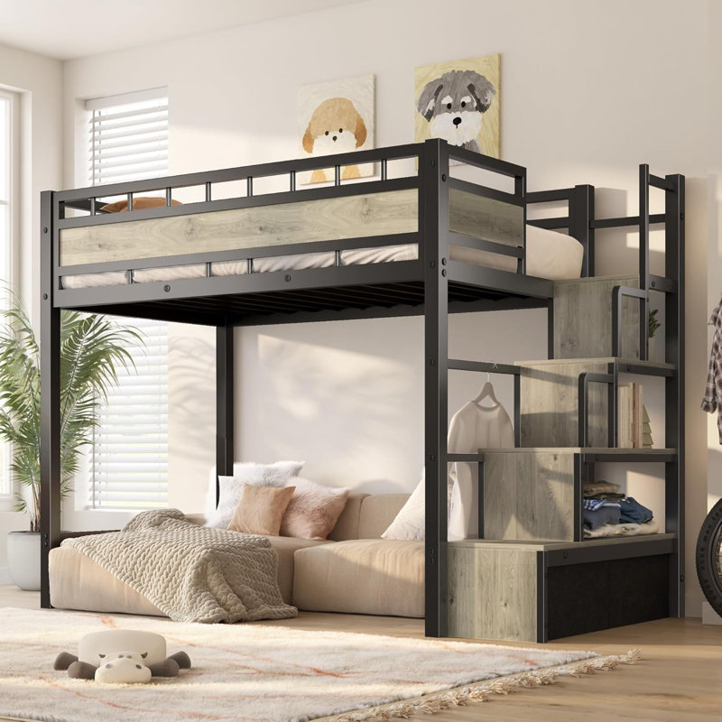 Twin Loft Bed With Storage Stairs, Metal Bed Frame, Built-in Guardrail & Anti-tipping Kit, Space-saving Loft Bed For Kids, Teens, Dorm Or Small Rooms