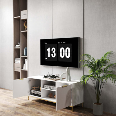 Modern TV Stand with Wave-Design Doors, Open Shelf & Adjustable Shelf - Stylish and Functional