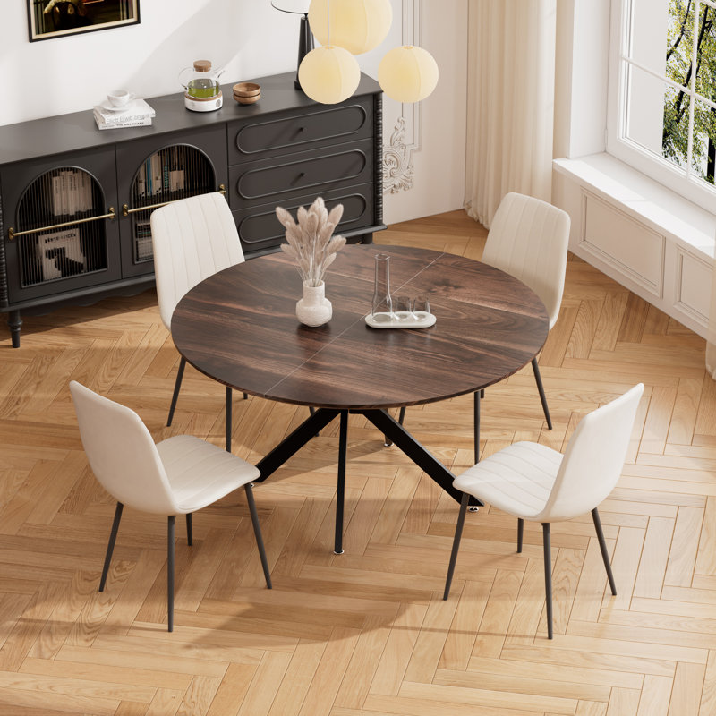 47in Round Dining Table Set, Brown, Beige, 5