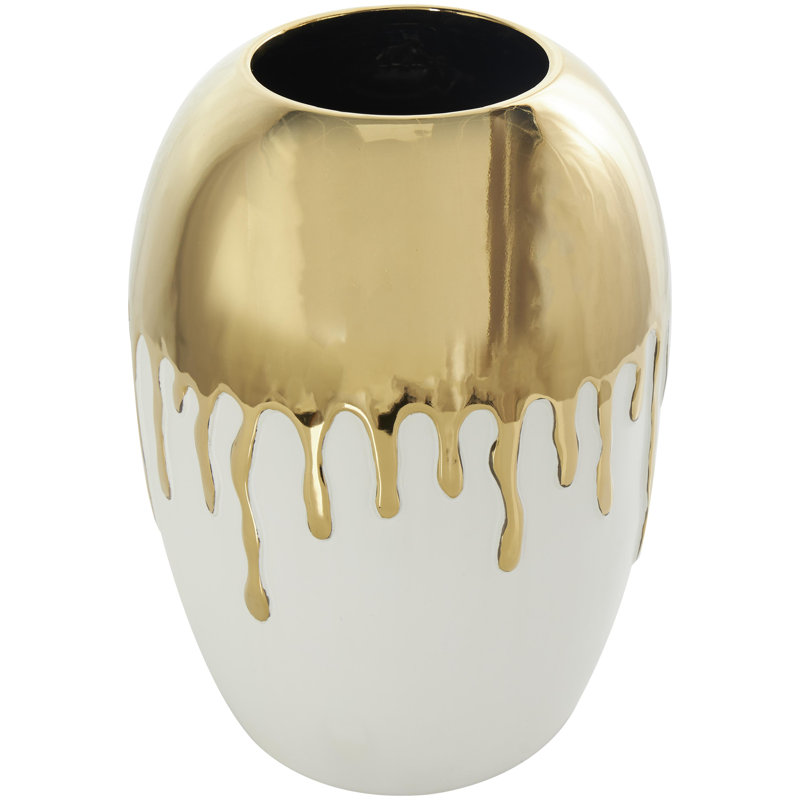 Patrich Ceramic Abstract Decorative Vase with Abstract Gold Melting Drips, Gold/White, 13.05" H x 9.35" W x 9.3" D