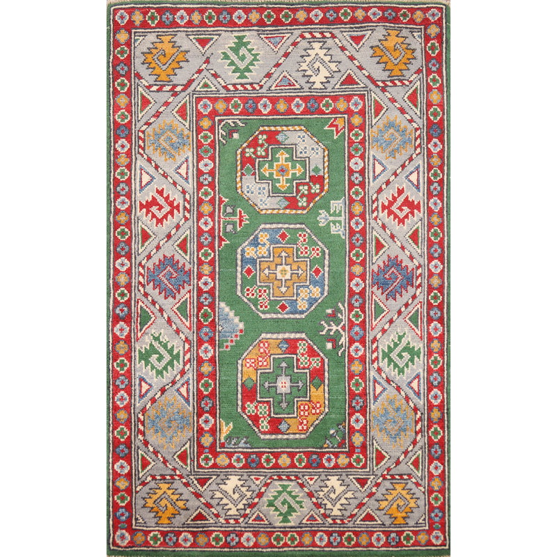 Tapis vert en laine fabriqué à la main vert Kazak 3 x 4