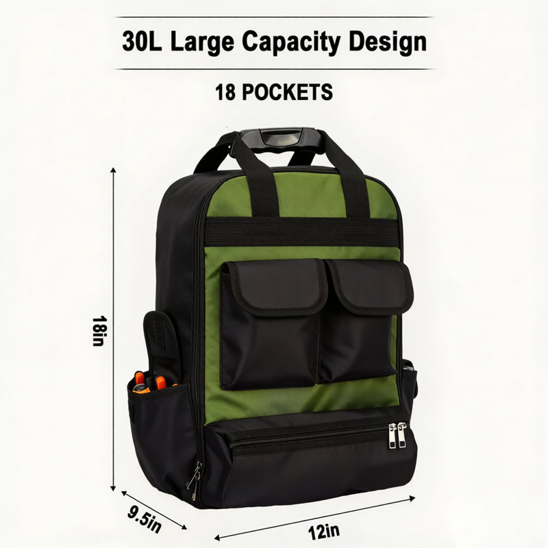 Sac à dos porte-outils Orizer robuste de 18 po - Sac à outils étanche, fond rigide moulé, poches multiples et compartiment pour ordinateur portable - Bretelles ergonomiques pour électriciens, mécaniciens et techniciens de CVC