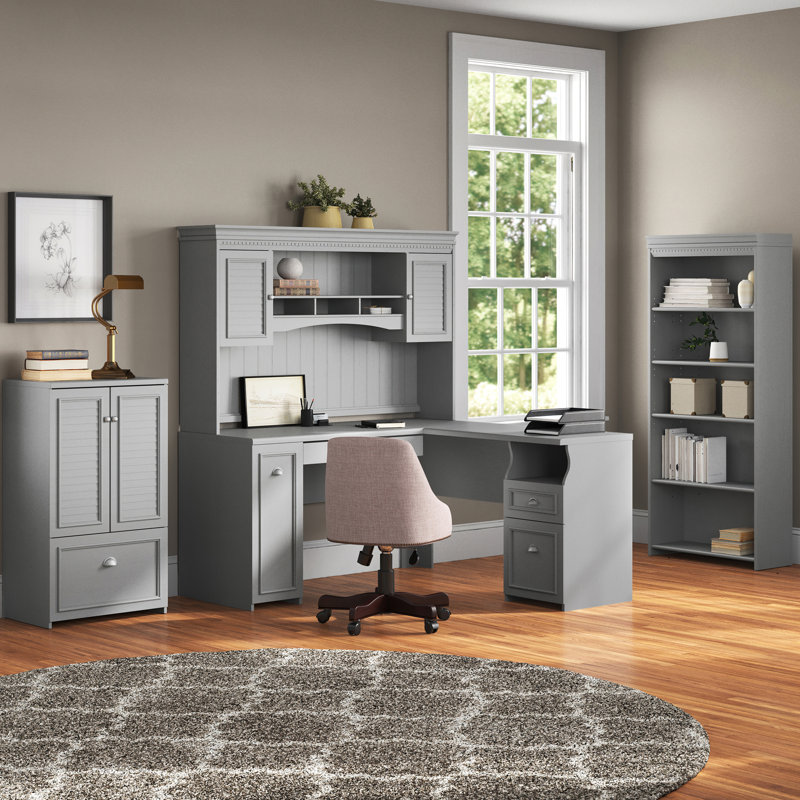 Ensemble de bureau d'ordinateur en L 4 pièces avec huche Huckins, Gris Cape Cod