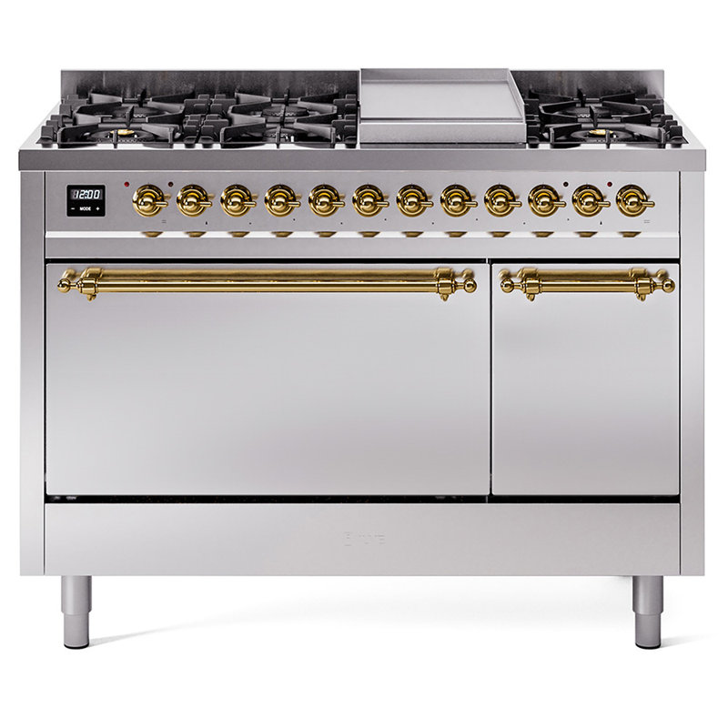 ILVE Nostalgie II, cuisinière à double combustible de 48 po, 8 brûleurs, plaque chauffante, Acier inoxydable / laiton