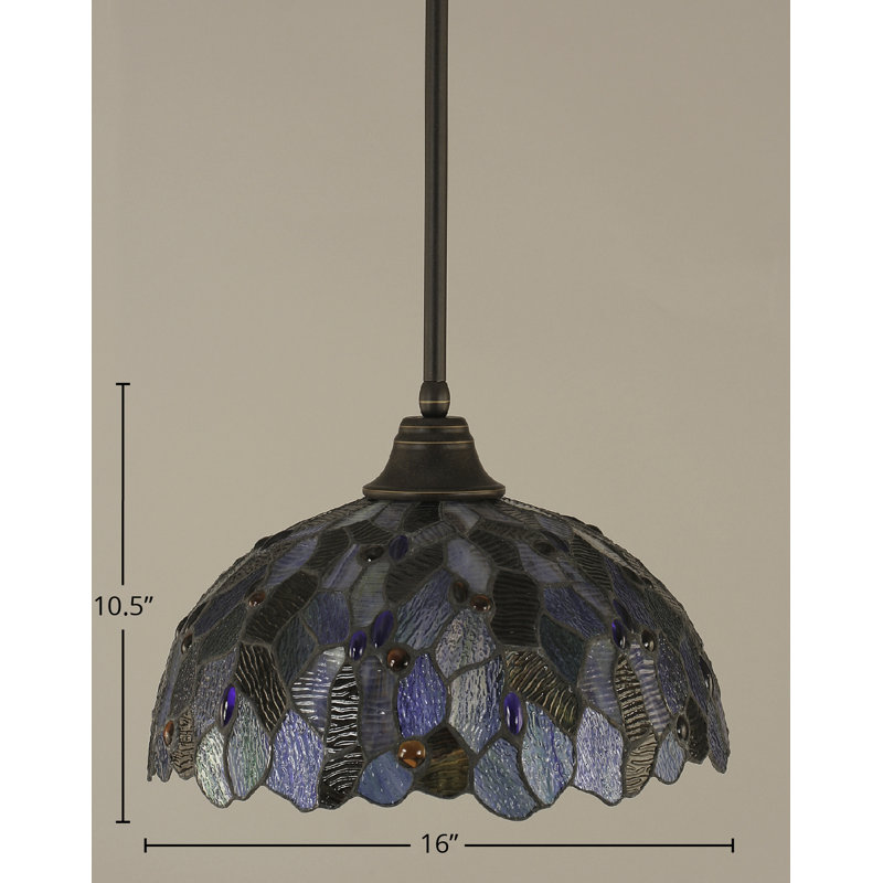 Stem Hung Pendant With Glass, Dark Granite, 14.75", Blue Mosaic Tiffany Glass