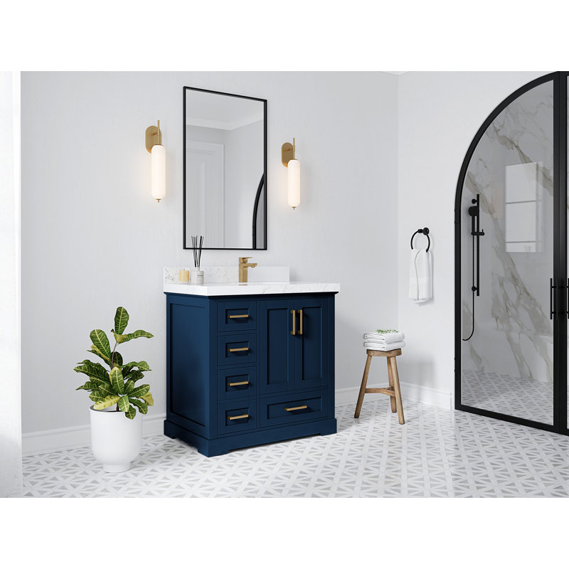 Boston 36 In. W X 22 In. D Right Offset Sink Bathroom Vanity In Navy Blue With Cove Edge Quartz, Calacatta Laza