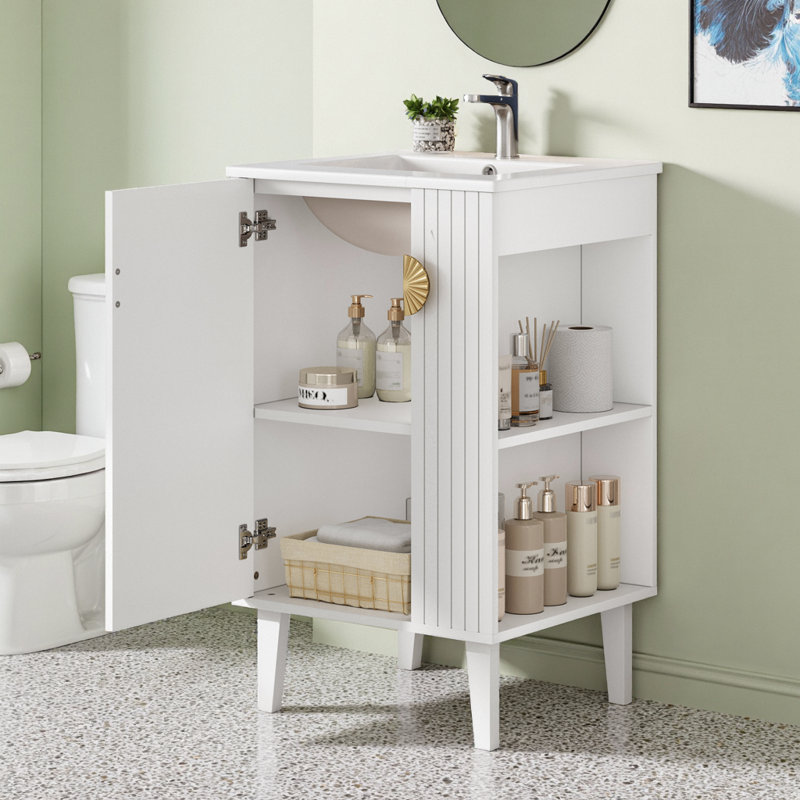 Meuble-lavabo blanc français de 20 po avec lavabo en céramique et armoires à fermeture douce, Blanc