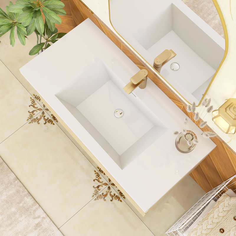 Meuble-lavabo mural simple lavabo de 42 pouces avec comptoir en résine de pierre, Chêne
