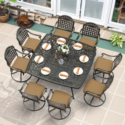 9-Piece Outdoor Patio Dining Set, All Weather Cast Aluminum Patio Funiture Table And Chairs Set- Large 64" Square Table And 8 Cushioned Swivel Rocker Chairs, 2.2" Umbrella Hole