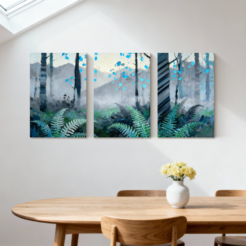 Hiver forêt brumeux forêt fougères bleues feuilles arbres montagnes, ensemble de 3 impressions sur toile, H 24 po x l 48 po